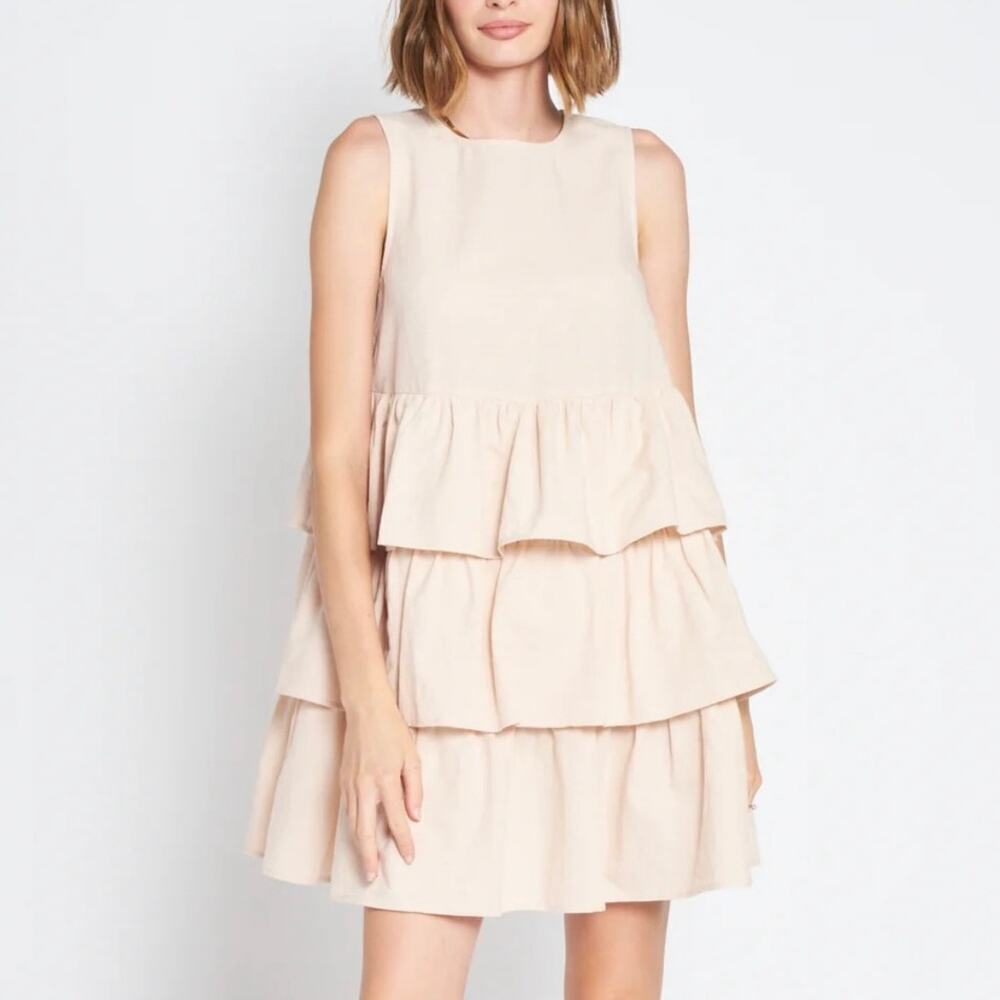 En Saison Viggo Sleeveless Tiered Mini Dress‎ Womens Medium Beige Cotton Natural
